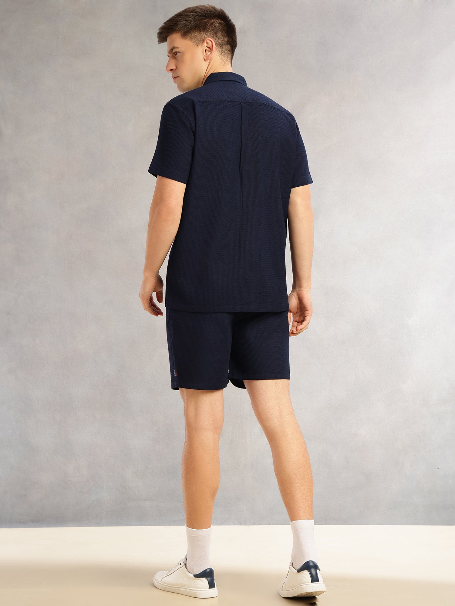 Thomas Scott Men Navy Cricket Club Collection Regular Fit Short Sleeves Self Design 100% Cotton Co-Ord Set with Shirt Collar