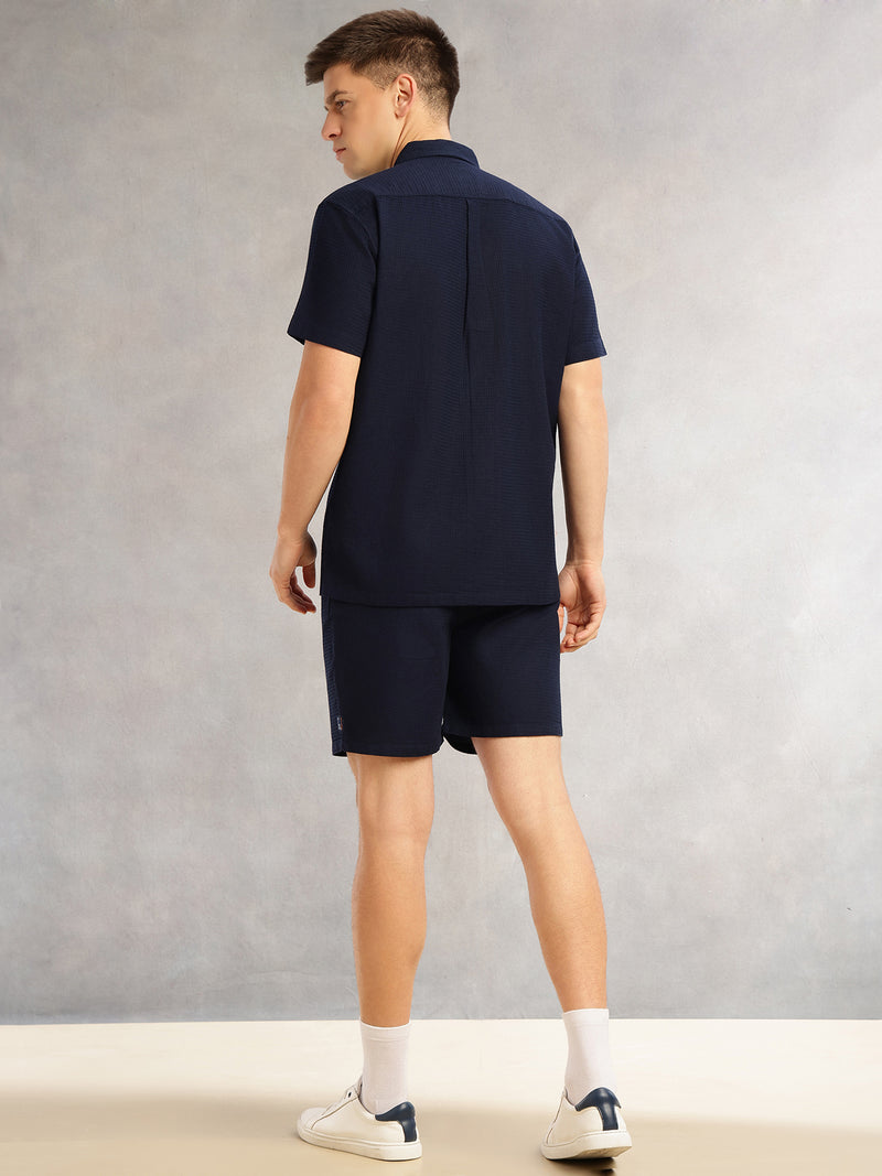 Thomas Scott Men Navy Cricket Club Collection Regular Fit Short Sleeves Self Design 100% Cotton Co-Ord Set with Shirt Collar