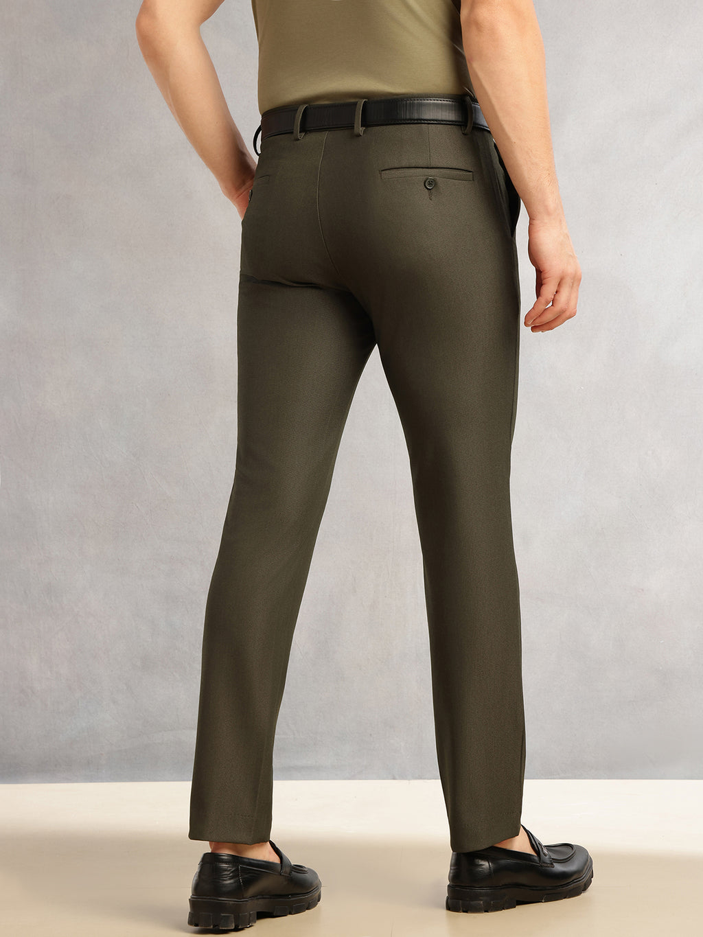 Thomas Scott Men Olive Slim Fit Mid-Rise Solid Woven Formal Trousers with Fixed Belt & 4-Way Stretch