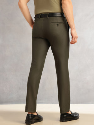 Thomas Scott Men Olive Slim Fit Mid-Rise Solid Woven Formal Trousers with Fixed Belt & 4-Way Stretch