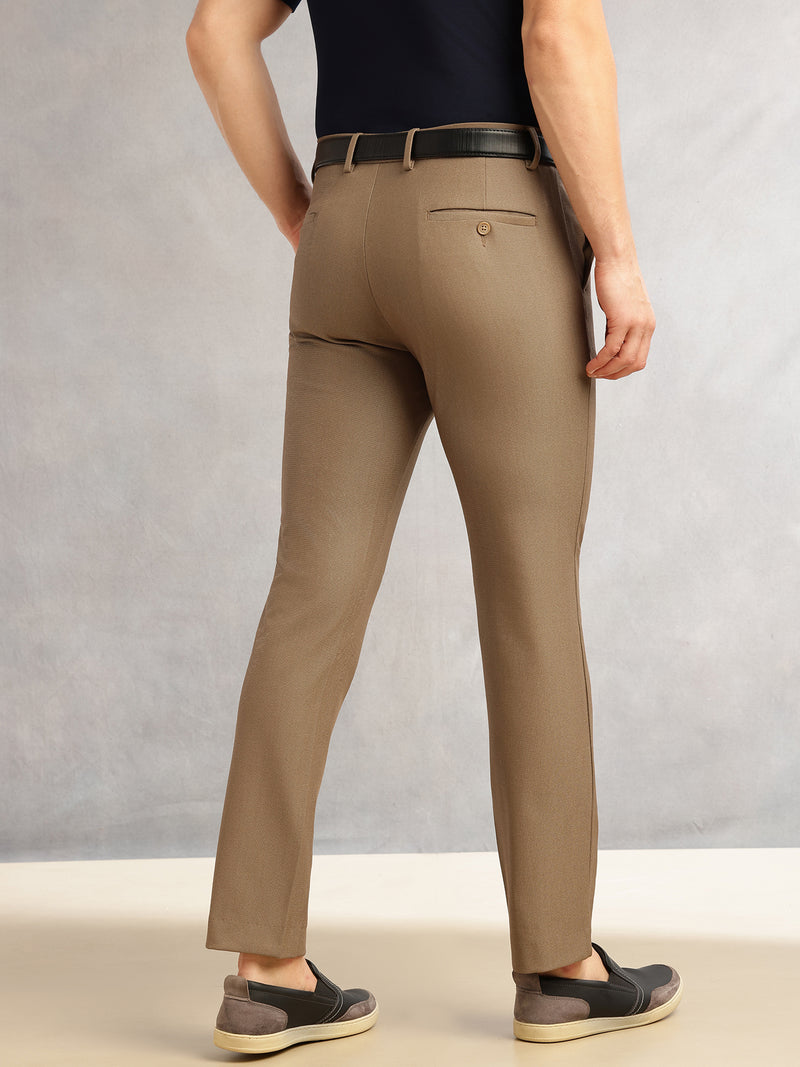Thomas Scott Men Brown Slim Fit Mid-Rise Solid Woven Formal Trousers with Fixed Belt & 4-Way Stretch