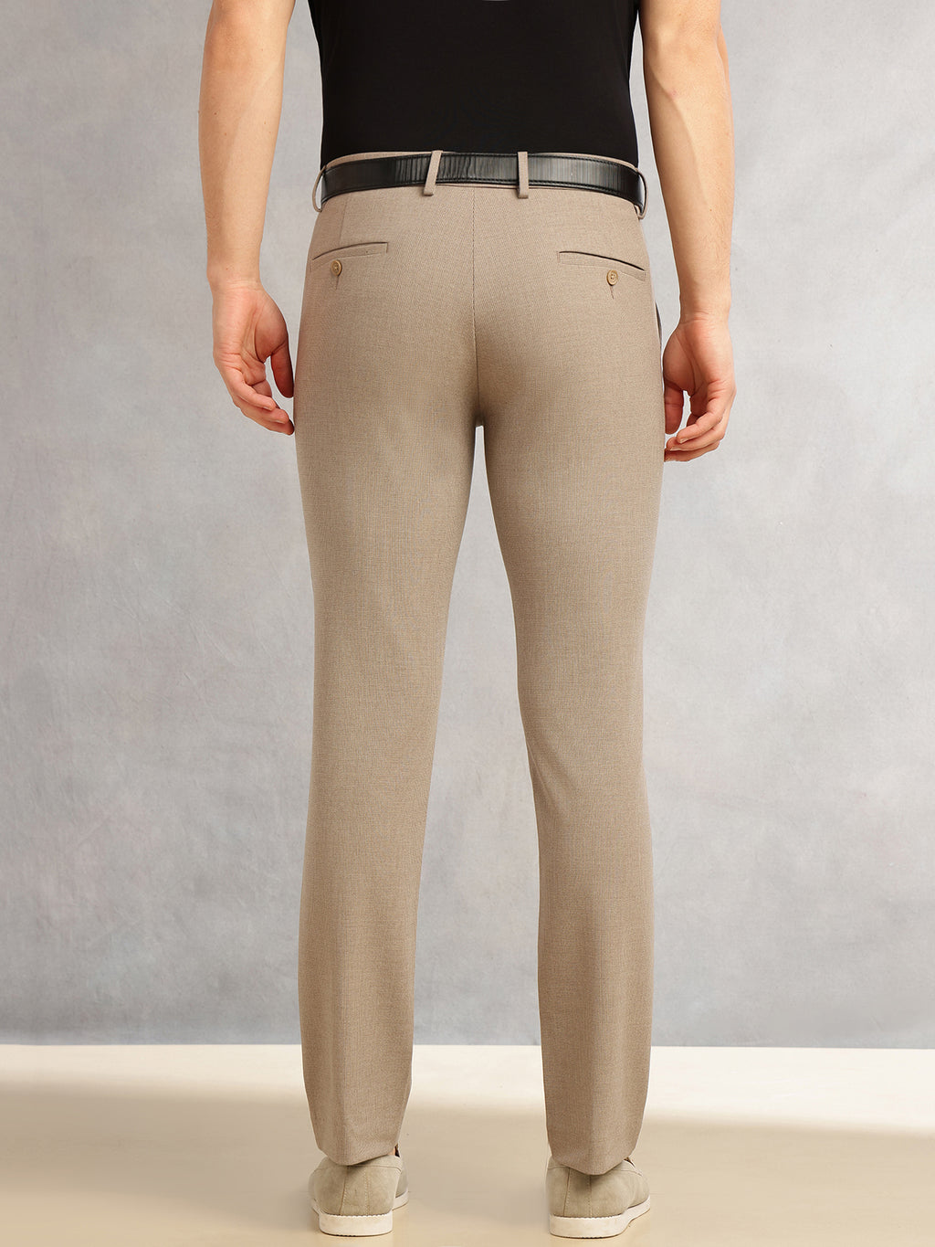 Thomas Scott Men Light Brown Slim Fit Mid-Rise Solid Woven Formal Trousers with Fixed Belt & 4-Way Stretch