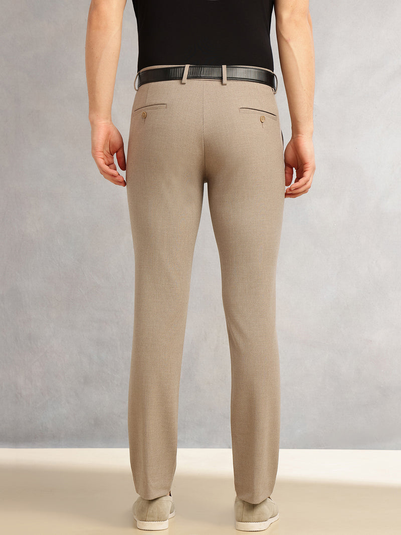 Thomas Scott Men Light Brown Slim Fit Mid-Rise Solid Woven Formal Trousers with Fixed Belt & 4-Way Stretch