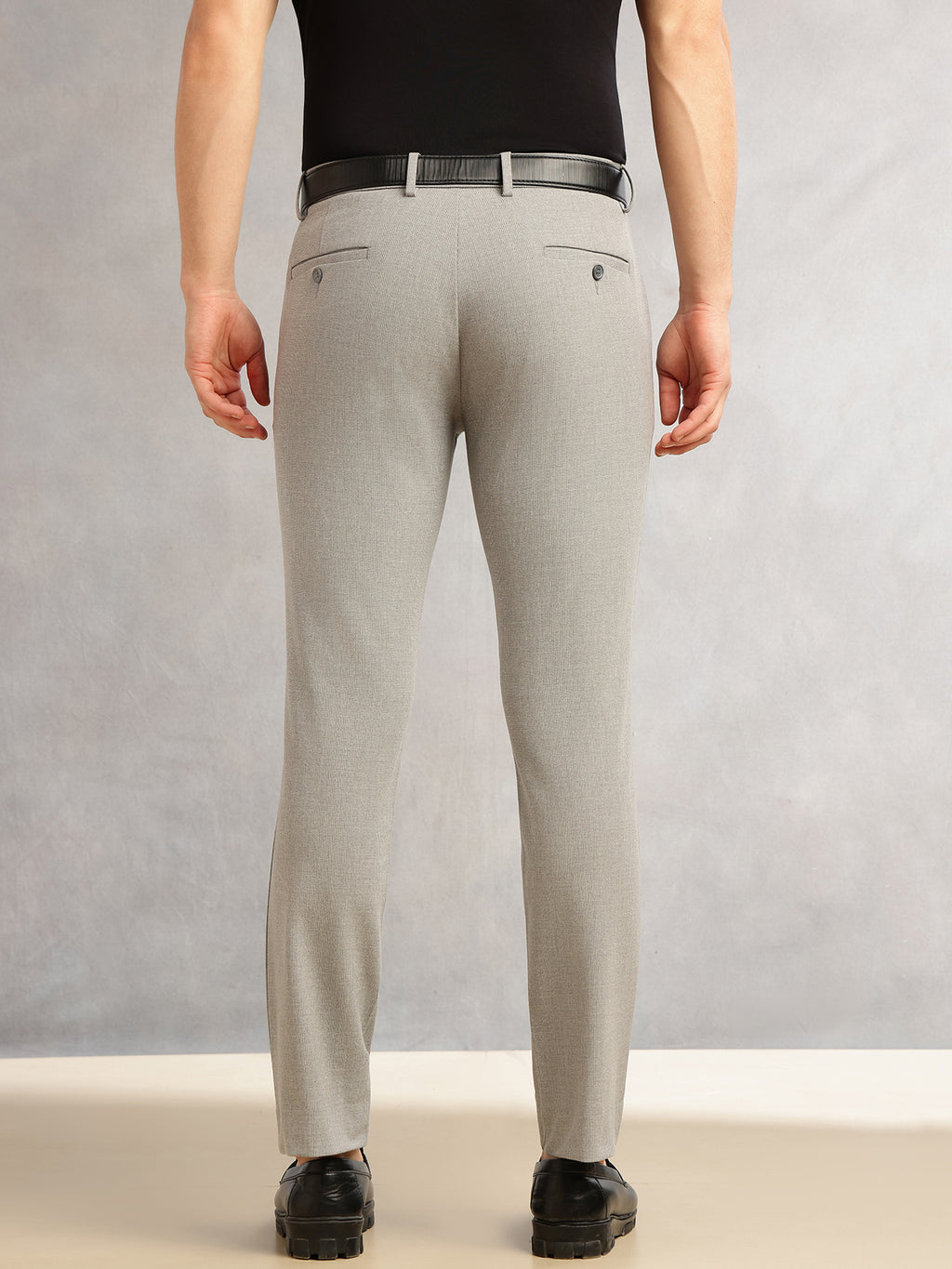 Thomas Scott Men Light Grey Slim Fit Mid-Rise Solid Woven Formal Trousers with Fixed Belt & 4-Way Stretch
