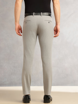 Thomas Scott Men Light Grey Slim Fit Mid-Rise Solid Woven Formal Trousers with Fixed Belt & 4-Way Stretch