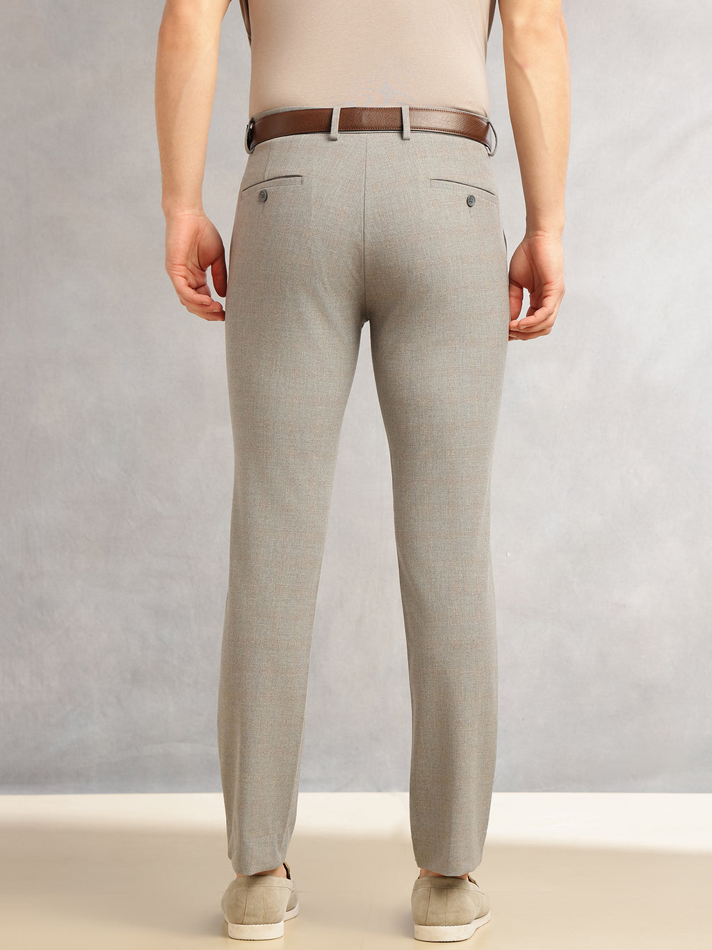 Thomas Scott Men Dark Grey Slim Fit Mid-Rise Solid Woven Formal Trousers with Fixed Belt & 4-Way Stretch