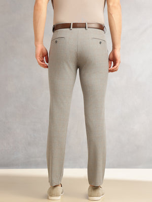 Thomas Scott Men Dark Grey Slim Fit Mid-Rise Solid Woven Formal Trousers with Fixed Belt & 4-Way Stretch