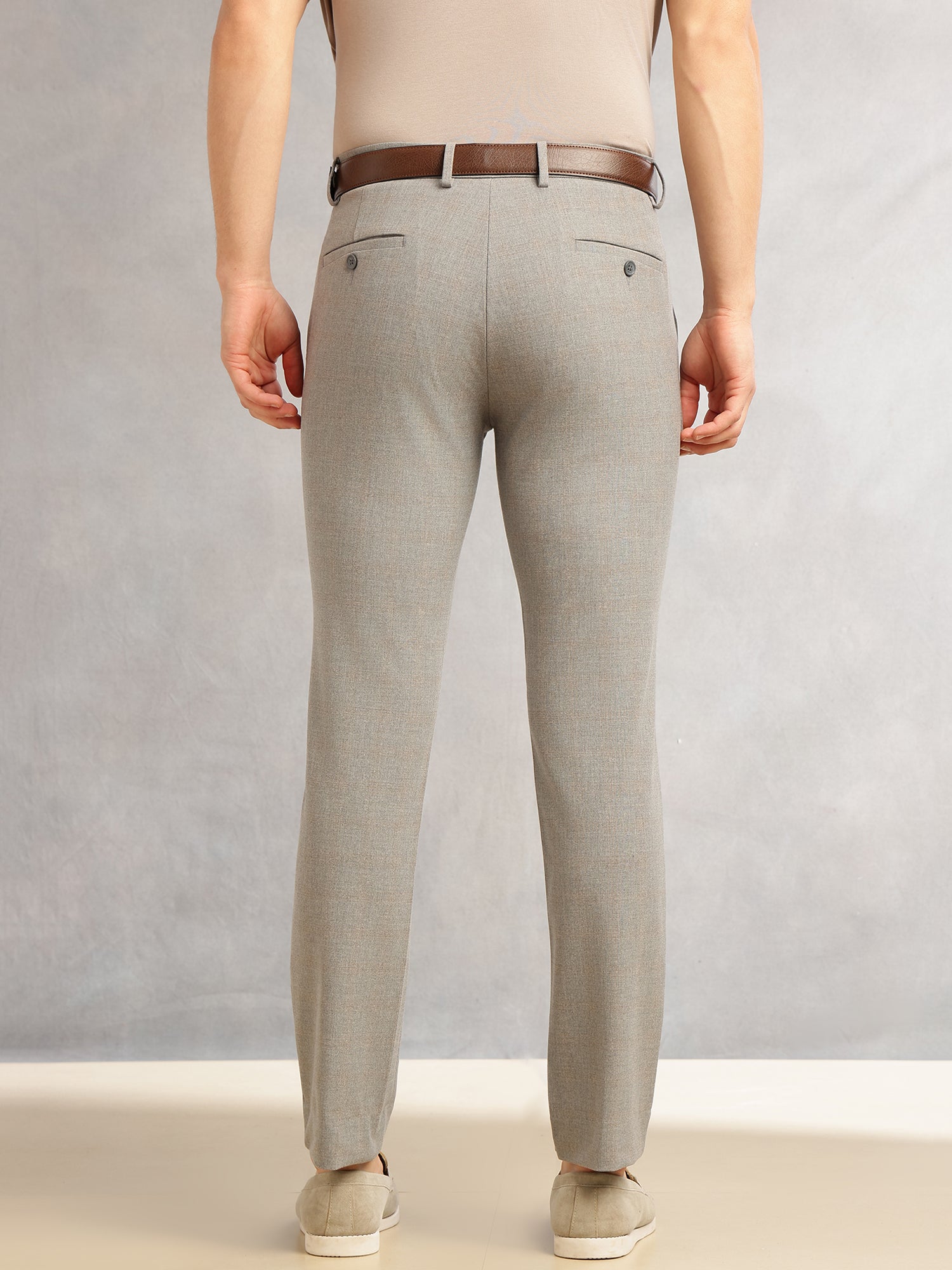 Thomas Scott Men Dark Grey Slim Fit Mid-Rise Solid Woven Formal Trousers with Fixed Belt & 4-Way Stretch