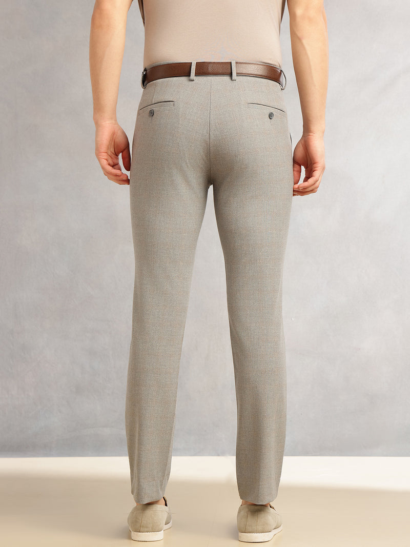Thomas Scott Men Dark Grey Slim Fit Mid-Rise Solid Woven Formal Trousers with Fixed Belt & 4-Way Stretch