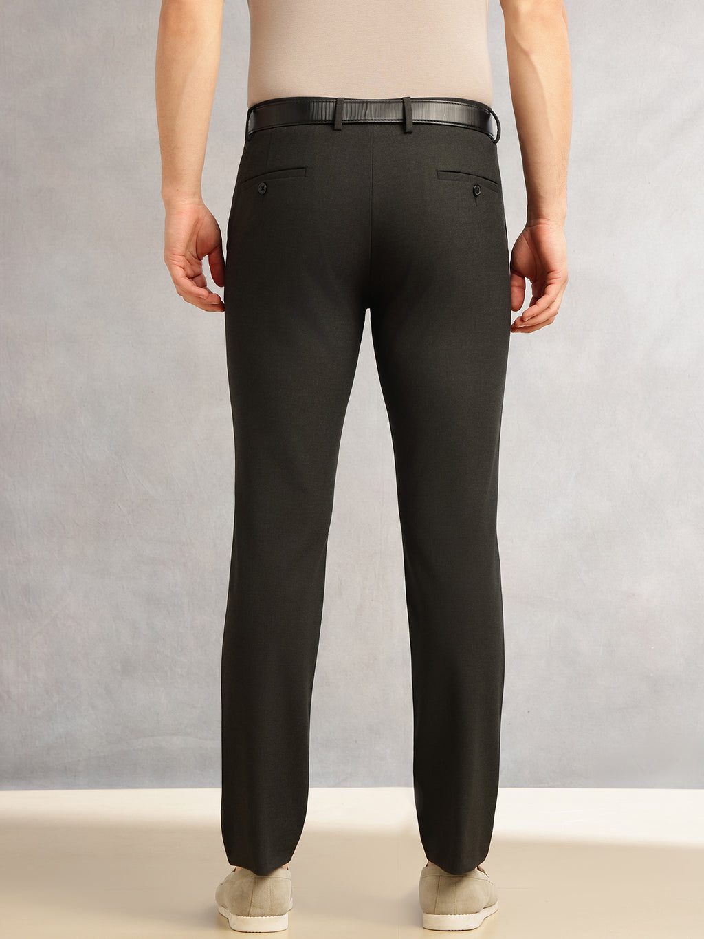 Thomas Scott Men Black Slim Fit Mid-Rise Solid Woven Formal Trousers with Fixed Belt & 4-Way Stretch