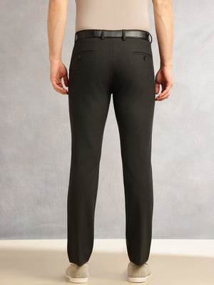 Thomas Scott Men Black Slim Fit Mid-Rise Solid Woven Formal Trousers with Fixed Belt & 4-Way Stretch