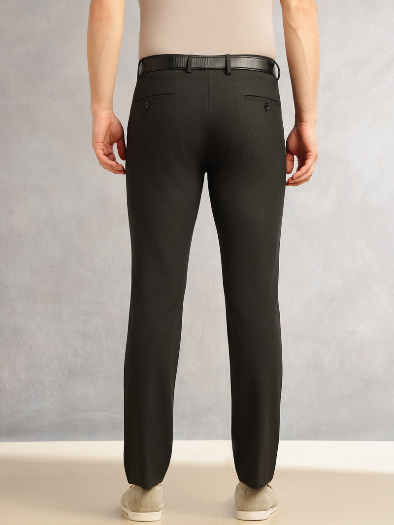 Thomas Scott Men Black Slim Fit Mid-Rise Solid Woven Formal Trousers with Fixed Belt & 4-Way Stretch