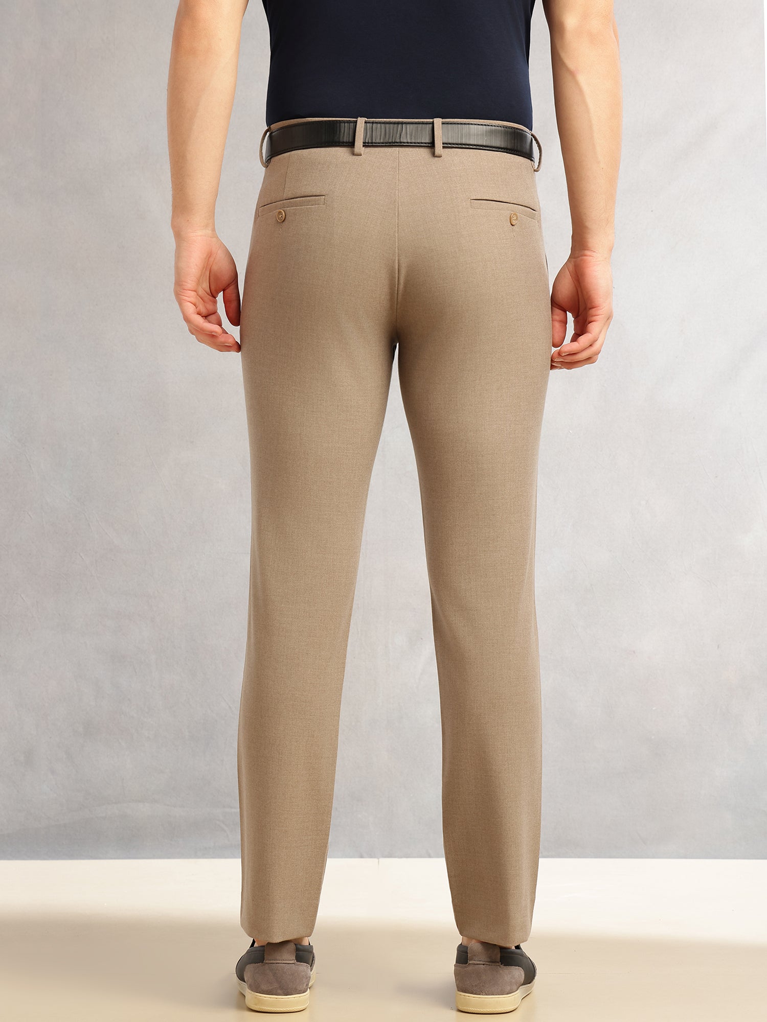 Thomas Scott Men Khaki Slim Fit Mid-Rise Solid Woven Formal Trousers with Fixed Belt & 4-Way Stretch