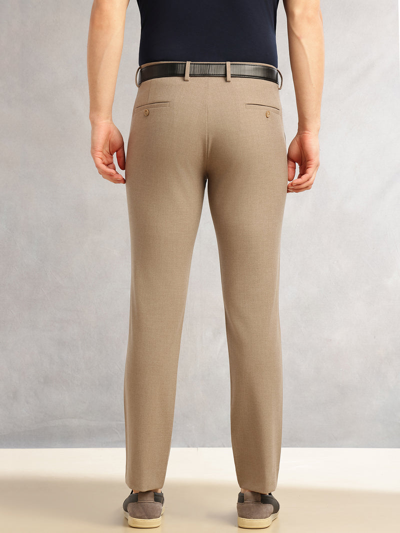 Thomas Scott Men Khaki Slim Fit Mid-Rise Solid Woven Formal Trousers with Fixed Belt & 4-Way Stretch