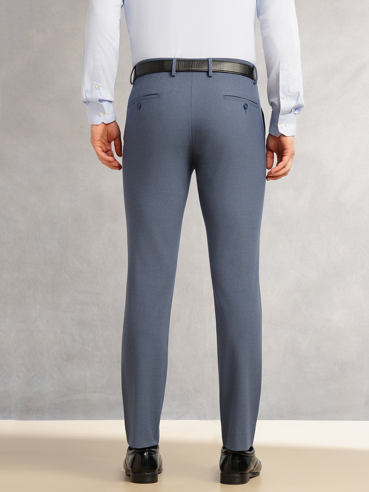 Thomas Scott Men Blue Slim Fit Mid-Rise Solid Woven Formal Trousers with Fixed Belt & 4-Way Stretch