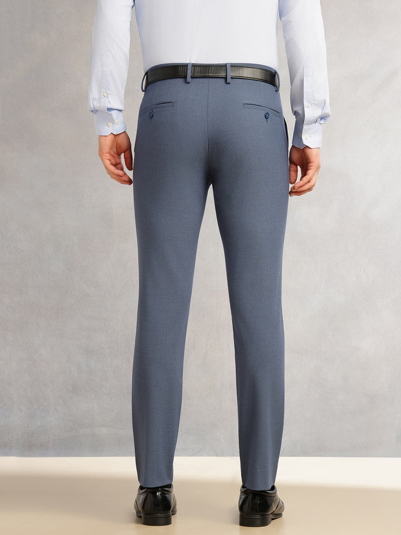 Thomas Scott Men Blue Slim Fit Mid-Rise Solid Woven Formal Trousers with Fixed Belt & 4-Way Stretch