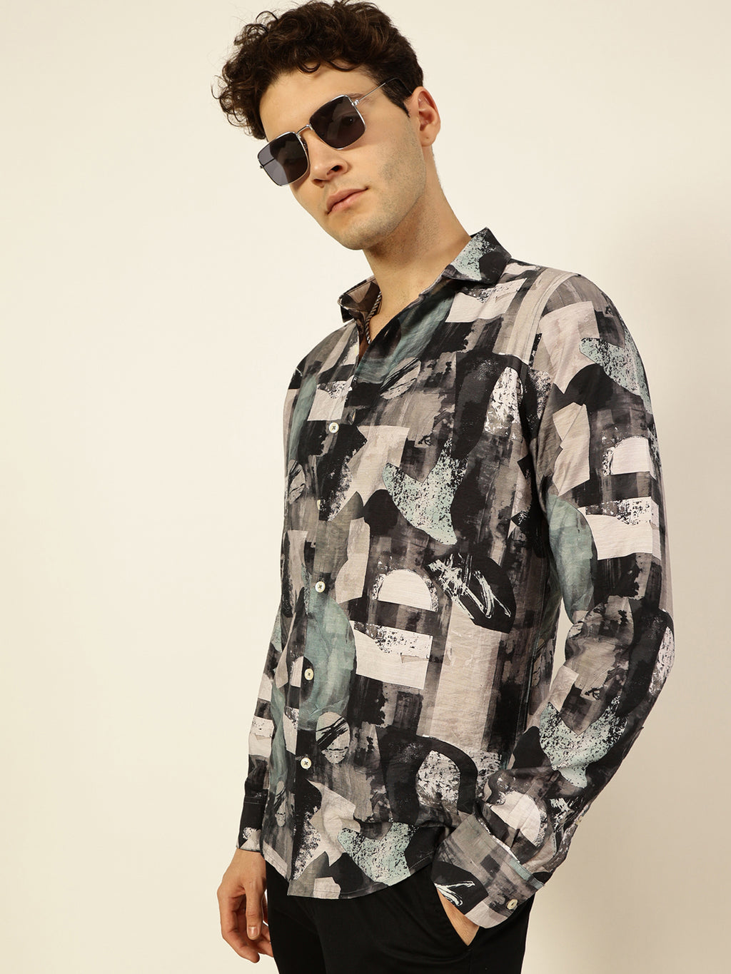 Thomas Scott Men Green Slim Fit Long Sleeves Spread Collar Abstract Printed 100% Cotton Casual Shirt
