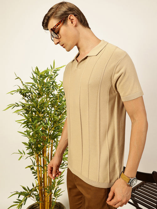 Thomas Scott Men Beige Regular Fit Short Sleeves Vertical Stripes 100% Cotton Polo Collar Knitted T-shirt
