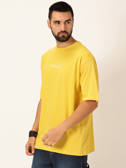 Thomas Scott Men Yellow Oversized Short Sleeves Round Neck Graphic Printed 100% Cotton Knitted T-shirt
