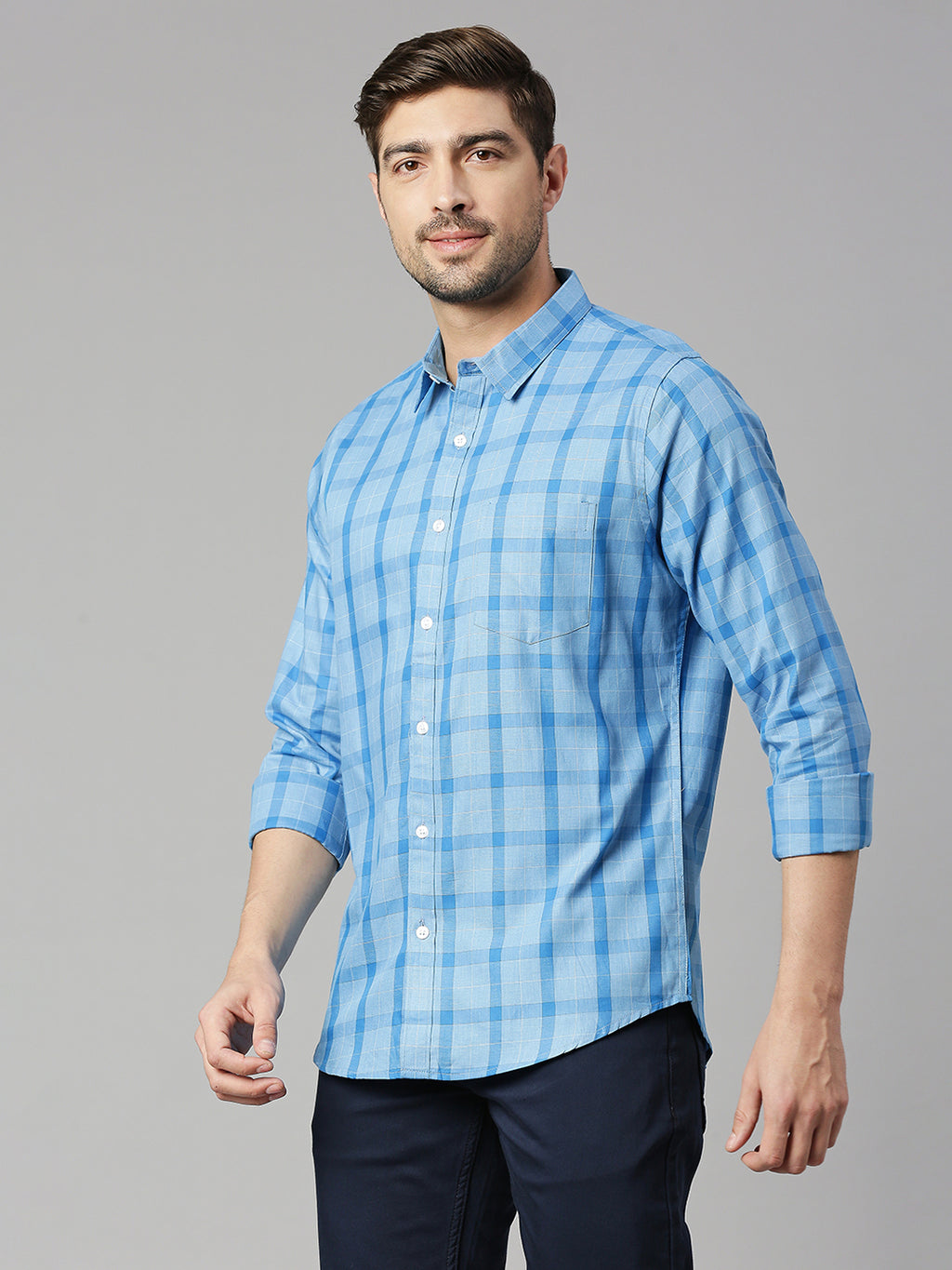 Thomas Scott Men Royal Blue Cricket Club Collection Slim Fit Long Sleeves Spread Collar Grid Tattersall Checks 100% Cotton Casual Shirt