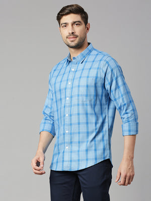 Thomas Scott Men Royal Blue Cricket Club Collection Slim Fit Long Sleeves Spread Collar Grid Tattersall Checks 100% Cotton Casual Shirt