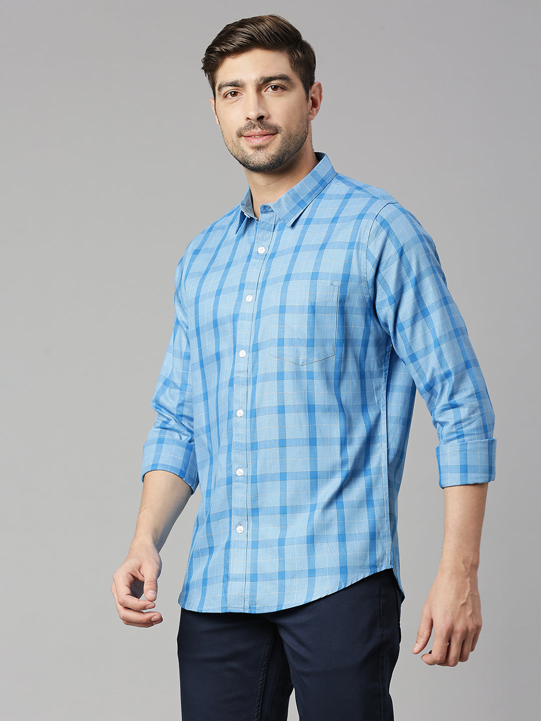 Thomas Scott Men Royal Blue Cricket Club Collection Slim Fit Long Sleeves Spread Collar Grid Tattersall Checks 100% Cotton Casual Shirt