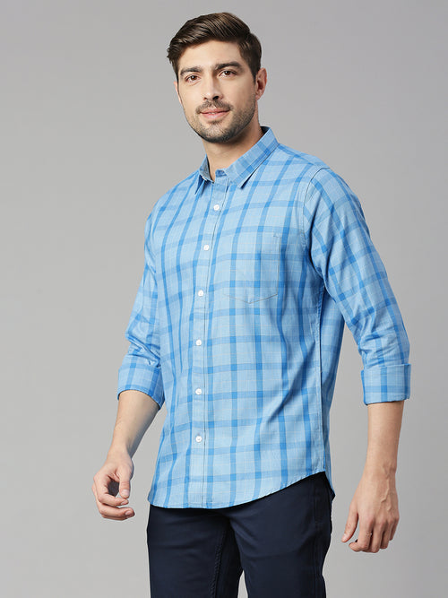 Thomas Scott Men Royal Blue Cricket Club Collection Slim Fit Long Sleeves Spread Collar Grid Tattersall Checks 100% Cotton Casual Shirt