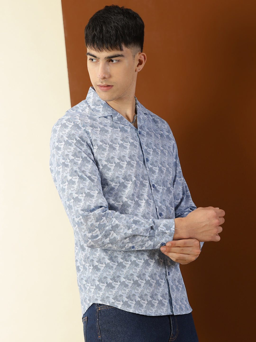 Thomas Scott Men Blue Regular Fit 100% Cotton Graphic Printed Casual Shirt with Long Sleeves & Cuban Collar