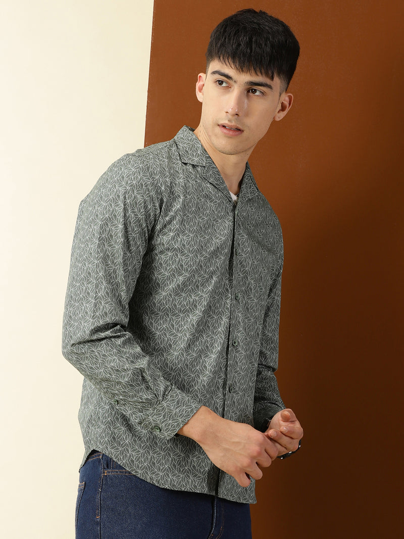 Thomas Scott Men Green Regular Fit 100% Cotton Floral Printed Casual Shirt with Long Sleeves & Cuban Collar