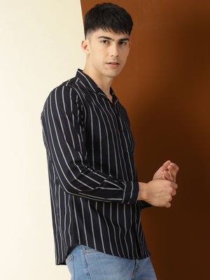 Thomas Scott Men Navy Regular Fit 100% Cotton Vertical Stripes Casual Shirt with Long Sleeves & Cuban Collar