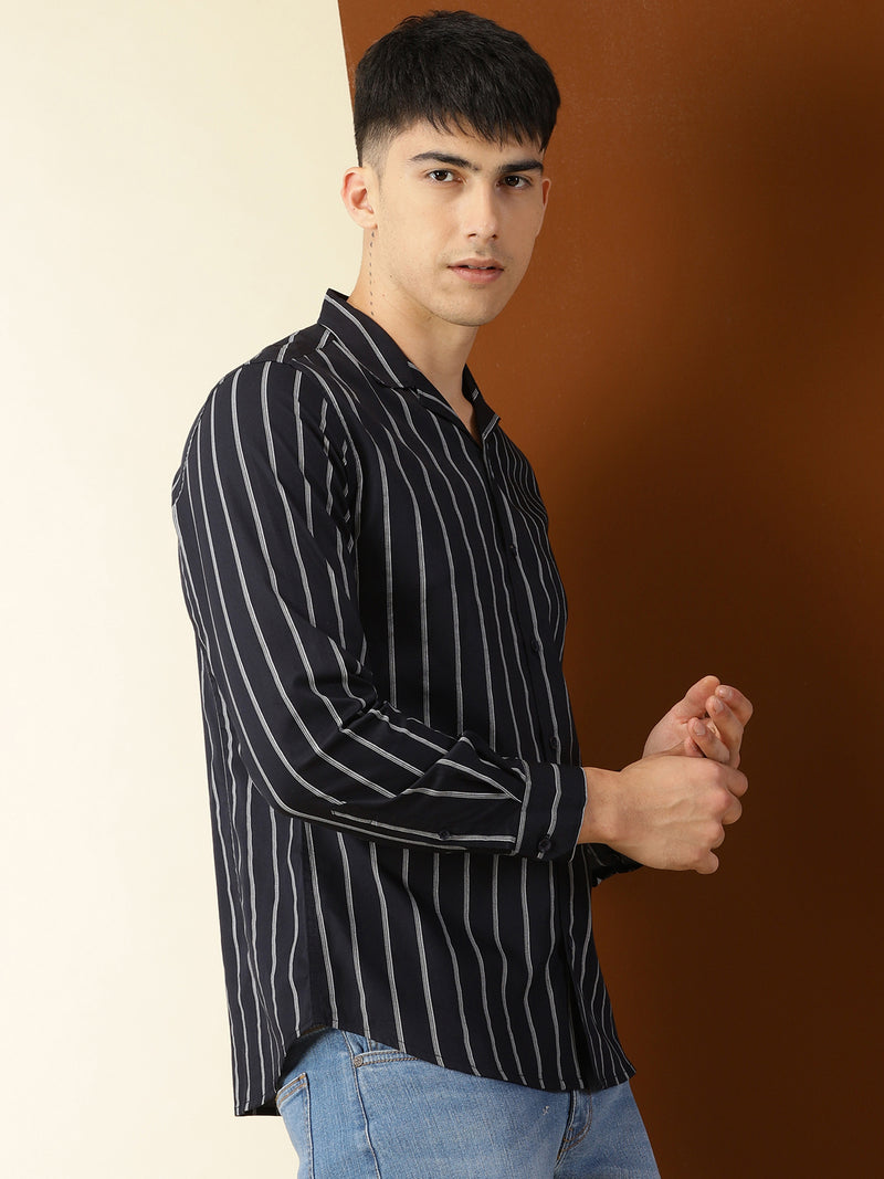 Thomas Scott Men Navy Regular Fit 100% Cotton Vertical Stripes Casual Shirt with Long Sleeves & Cuban Collar