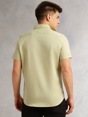 Thomas Scott Men Pista Short Sleeves Regular Fit Spread Collar Solid Cotton Linen Casual Shirt