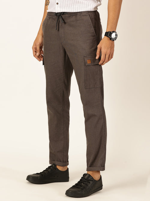 Thomas Scott Men Grey Straight Fit Mid-Rise Cotton Linen Solid Woven Cargo Trouser