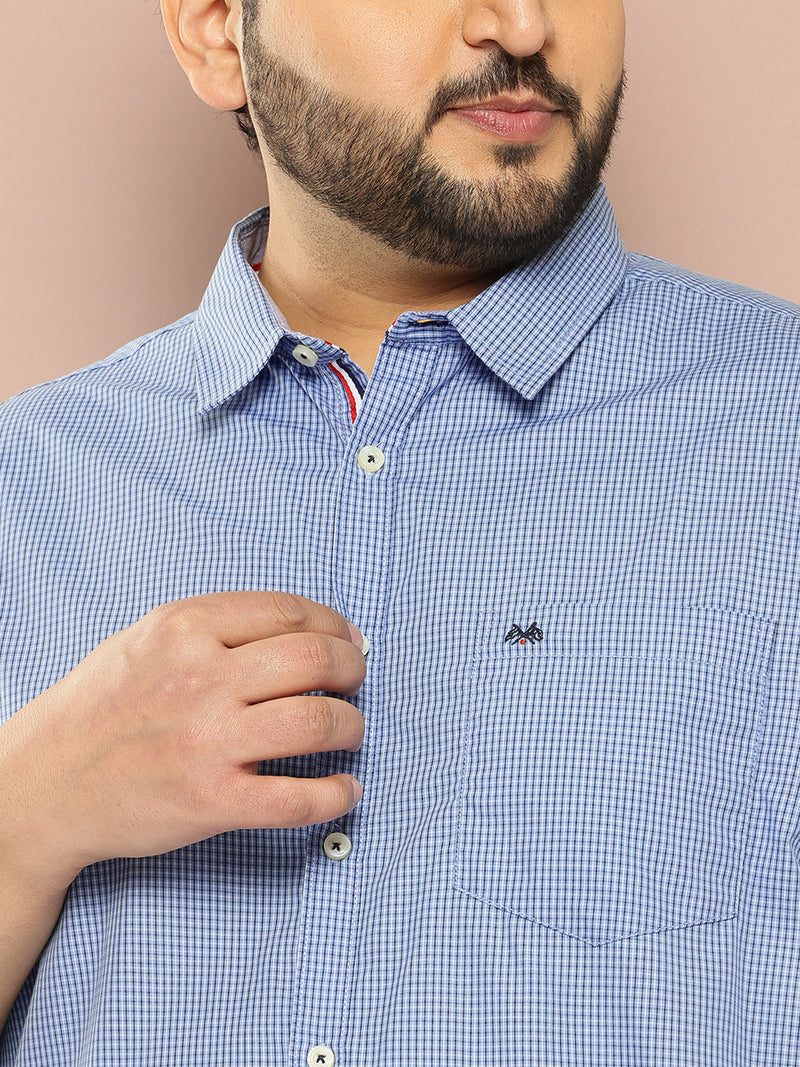 Thomas Scott Men Oxford Blue Plus Size Regular Fit Long Sleeves Spread Collar Micro Checks 100% Cotton Casual Shirt