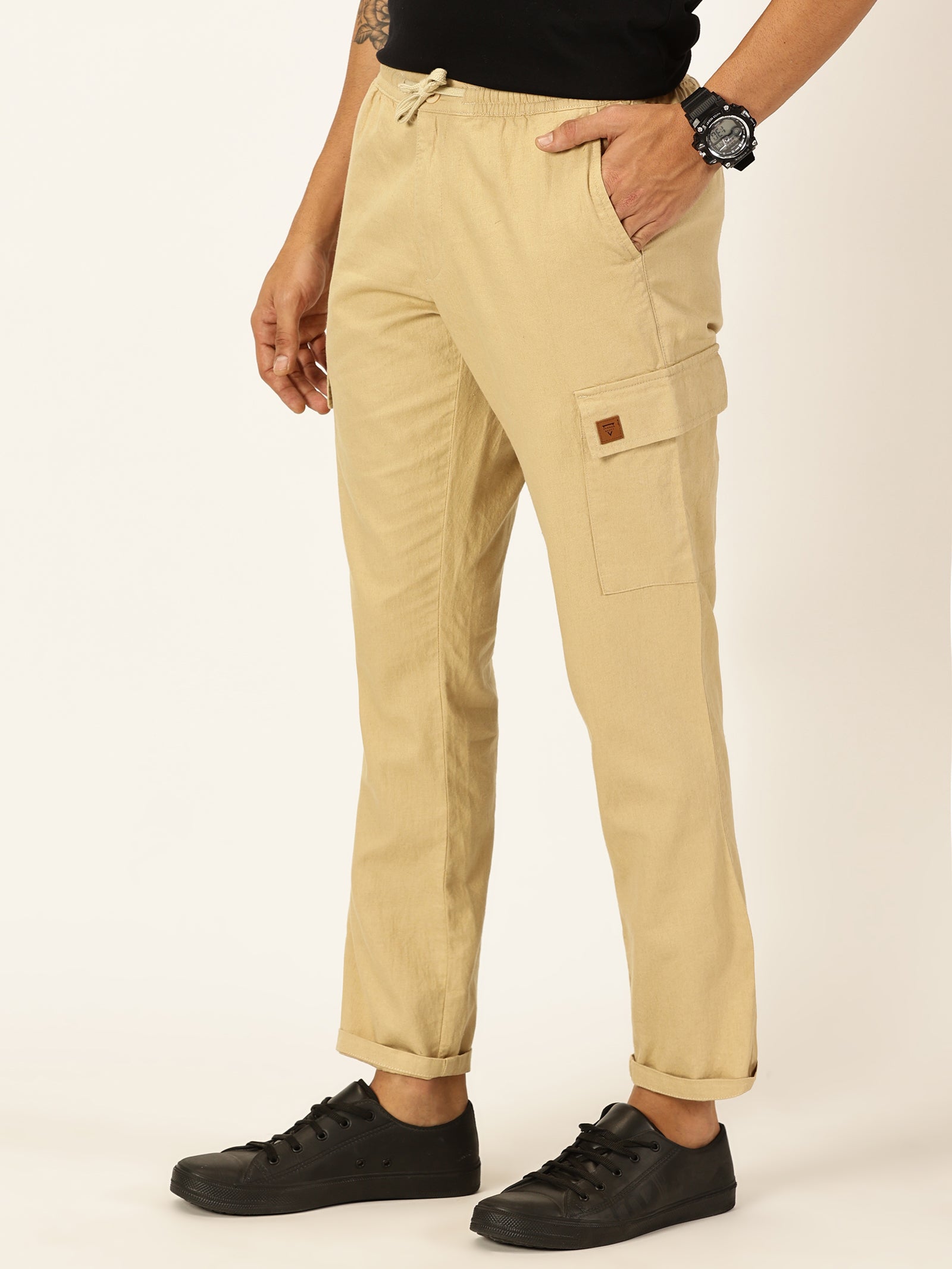Thomas Scott Men Beige Straight Fit Mid-Rise Cotton Linen Solid Woven Cargo Trouser