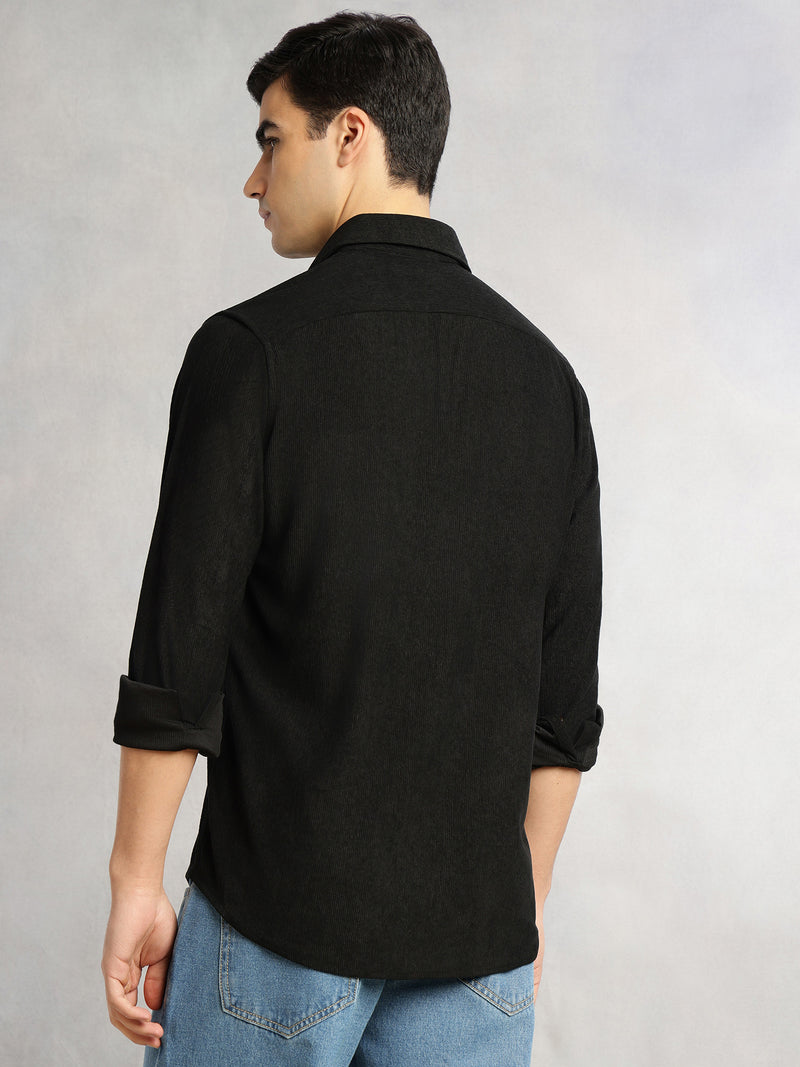 Thomas Scott Men Black Relaxed Fit Long Sleeves Spread Collar Corduroy Casual Shirt