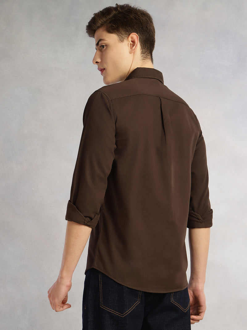 Thomas Scott Men Coffee Cricket Club Collection Long Sleeves Slim Fit Spread Collar 100% Cotton Twill Casual Shirt