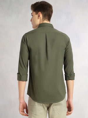 Thomas Scott Men Olive Cricket Club Collection Long Sleeves Slim Fit Spread Collar 100% Cotton Twill Casual Shirt