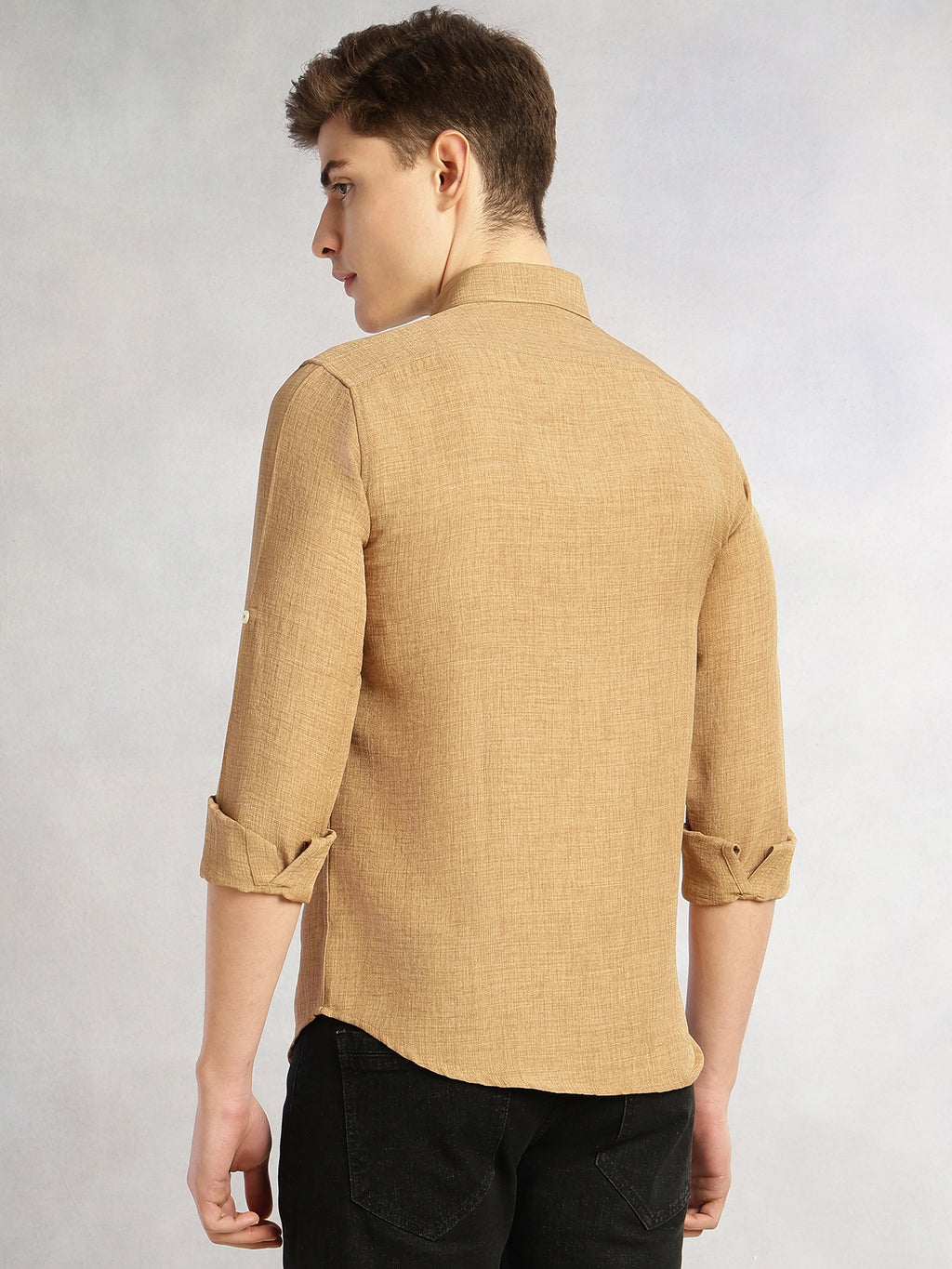 Thomas Scott Men Gold Slim Fit Long Sleeves Button-Down Collar Polyester Casual Shirt