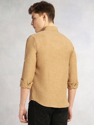 Thomas Scott Men Gold Slim Fit Long Sleeves Button-Down Collar Polyester Casual Shirt