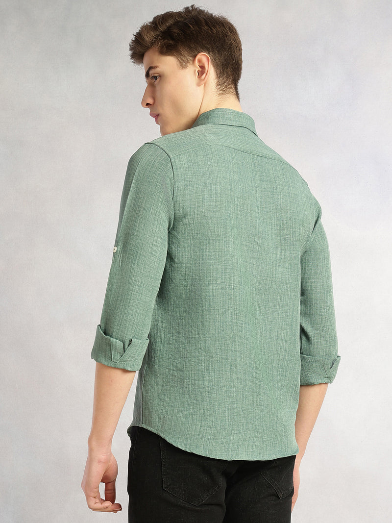 Thomas Scott Men Mint Slim Fit Long Sleeves Button-Down Collar Polyester Casual Shirt