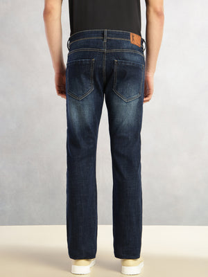 Dark Blue Cricket Club Collection Straight Fit Mid-Rise Faded 5 Pockets Stretchable Jeans For Men