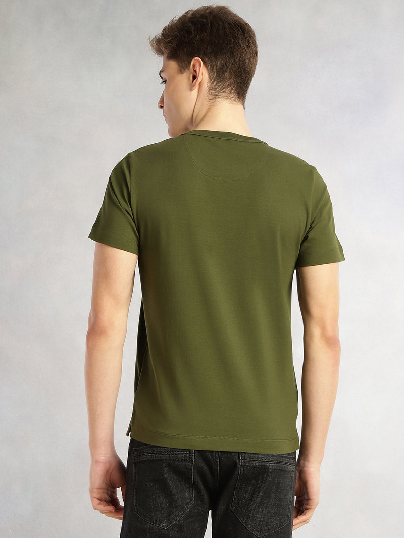 Thomas Scott Men Olive Cricket Club Collection Regular Fit Short Sleeves Round Neck Solid Knitted T-Shirt