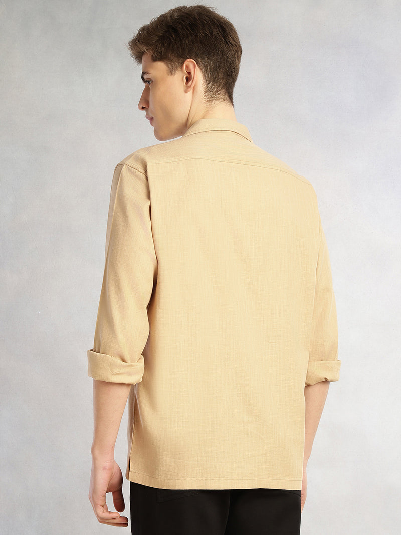 Thomas Scott Men Dark Beige Cricket Club Collection Oversized Fit Long Sleeves Camp Collar 100% Cotton Shacket