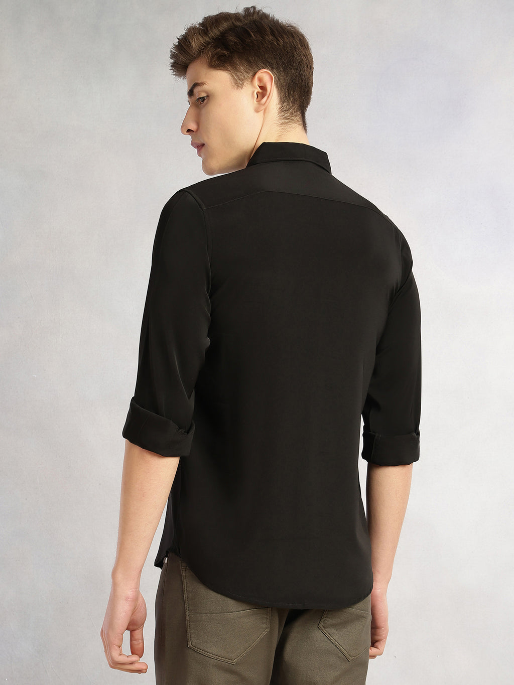 Thomas Scott Men Black Regular Fit Full Sleeves Spread Collar Solid Polyester Casual Shirt