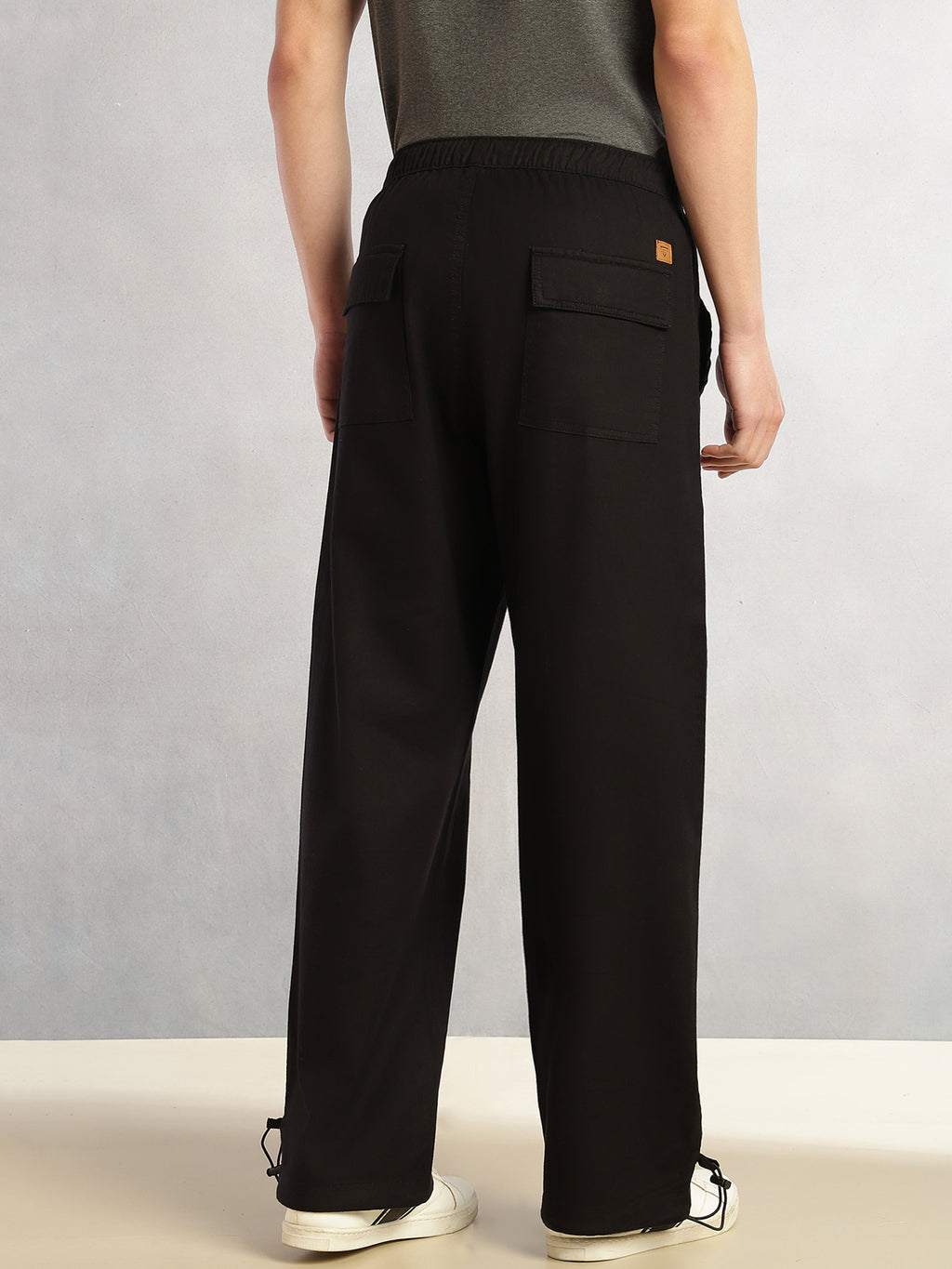 Thomas Scott Men Black Regular Fit Mid-Rise Solid Woven Trousers with Drawstring Closure & Four Pockets