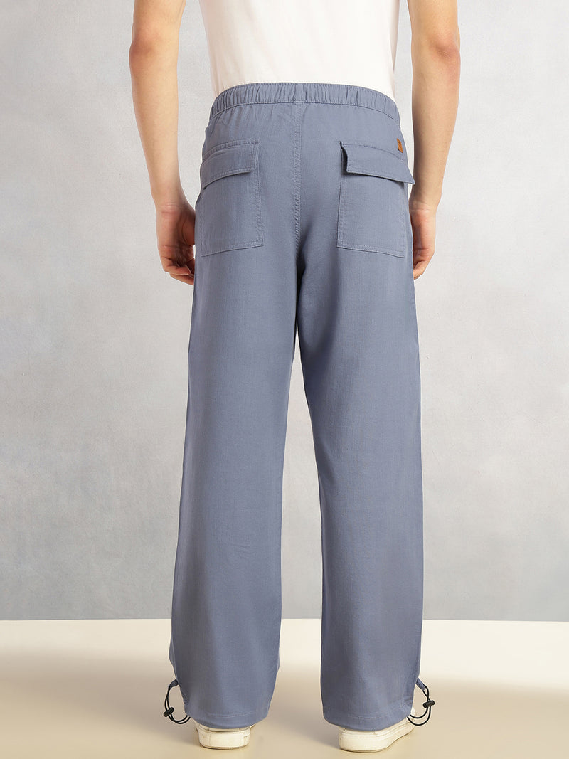 Thomas Scott Men Blue Regular Fit Mid-Rise Solid Woven Trousers with Drawstring Closure & Four Pockets