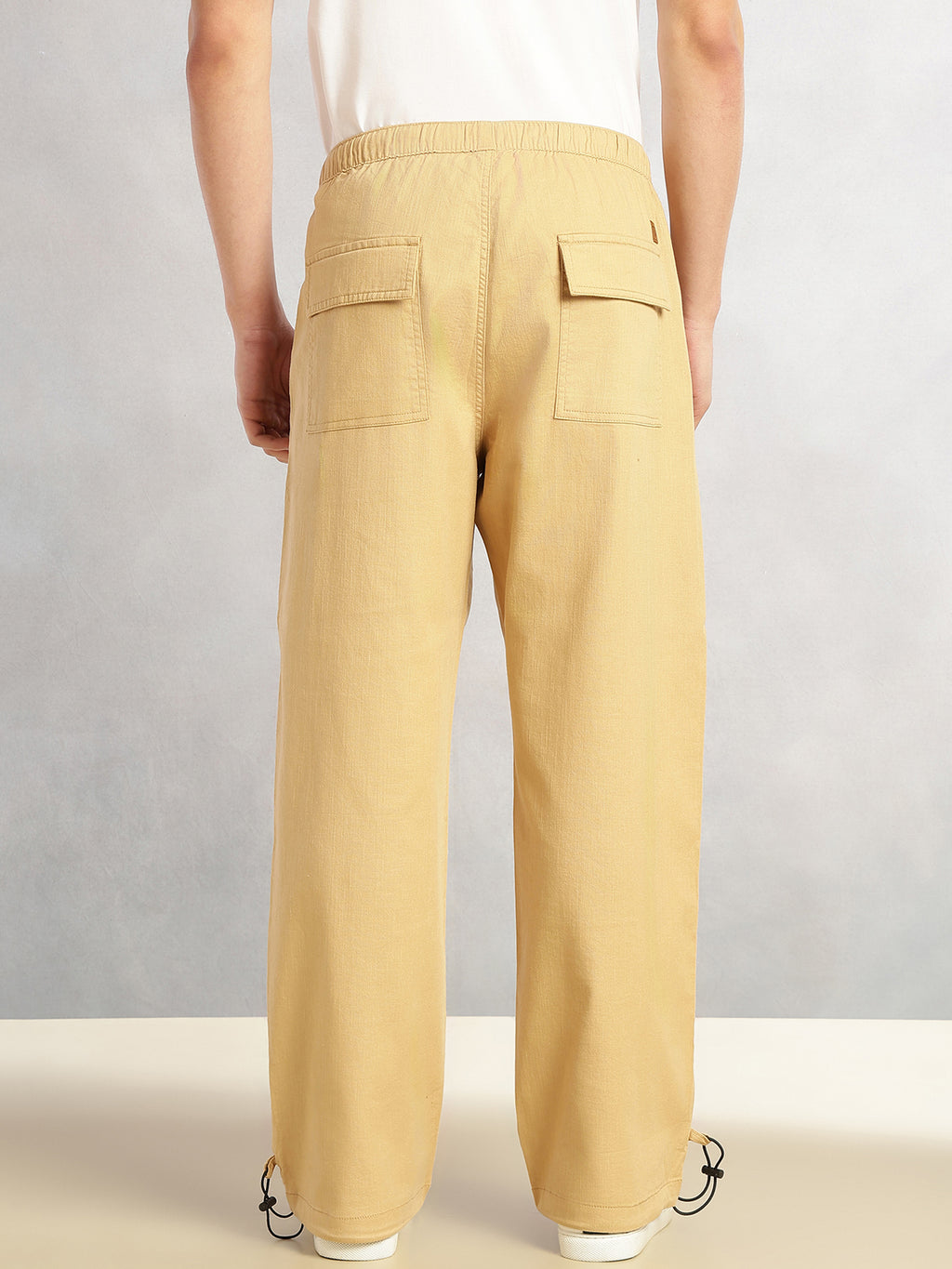 Thomas Scott Men Khaki Regular Fit Mid-Rise Solid Woven Trousers with Drawstring Closure & Four Pockets