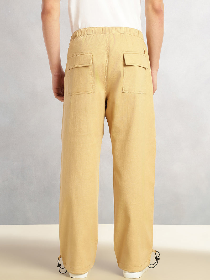 Thomas Scott Men Khaki Regular Fit Mid-Rise Solid Woven Trousers with Drawstring Closure & Four Pockets