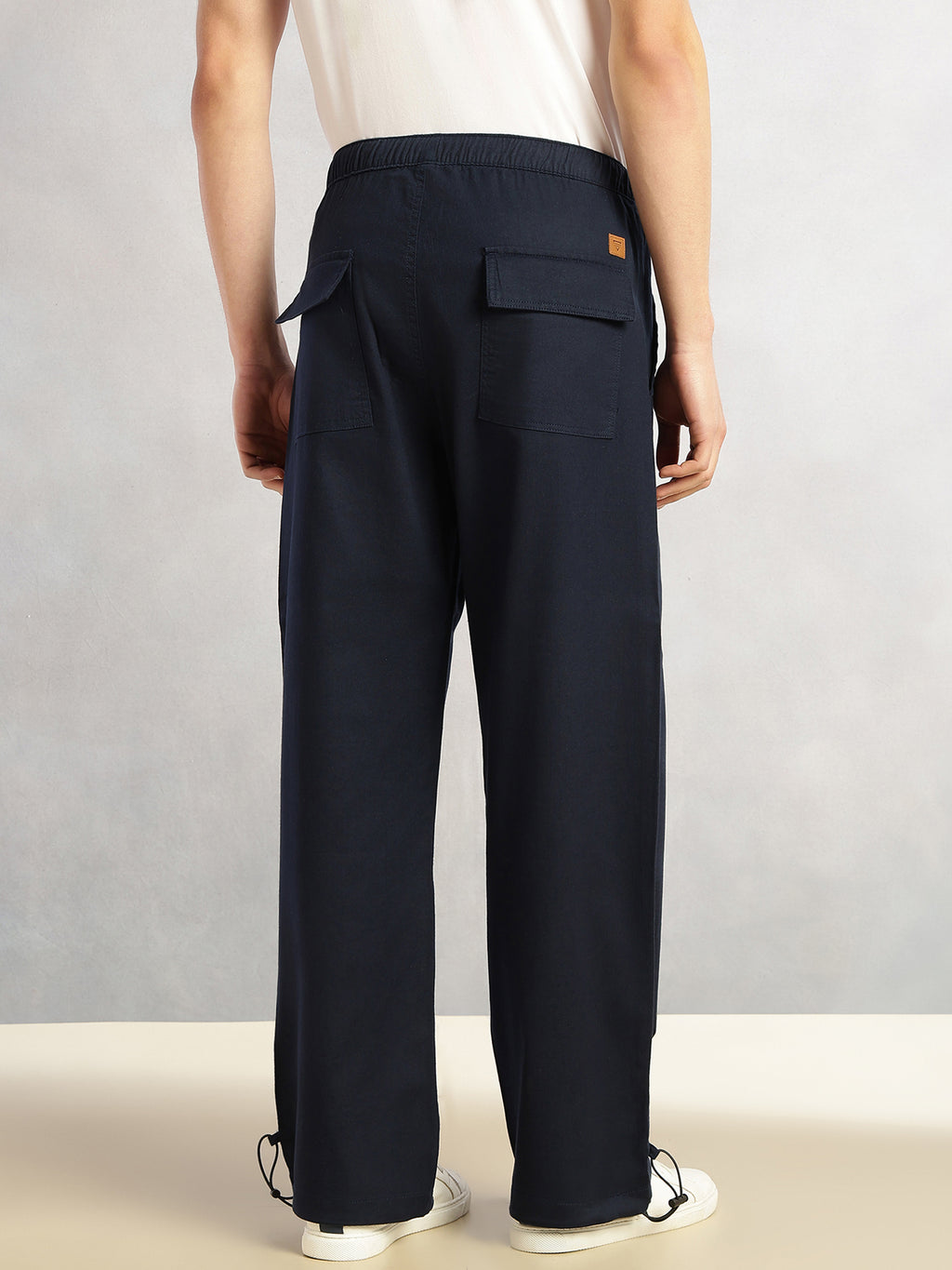 Thomas Scott Men Navy Regular Fit Mid-Rise Solid Woven Trousers with Drawstring Closure & Four Pockets